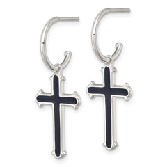Sterling Silver Polished Black Enamel Cross Dangle C-Hoop Post Earrings