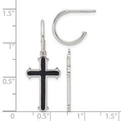 Sterling Silver Polished Black Enamel Cross Dangle C-Hoop Post Earrings