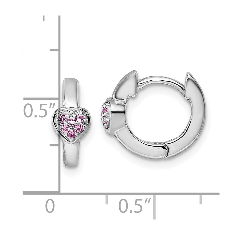 Sterling Silver Rhodium-plated Polished Pink CZ Heart 2mm x 11mm Hinged Hoop Earrings
