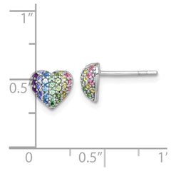 Sterling Silver Rhodium-plated Polished Rainbow Nano Crystals Heart Shape Childrens Post Earrings
