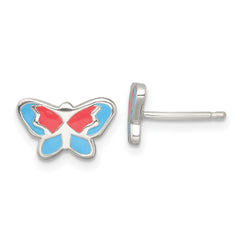 Sterling Silver Polished Orange and Blue Enameled Butterfly Childrens Post Earrings
