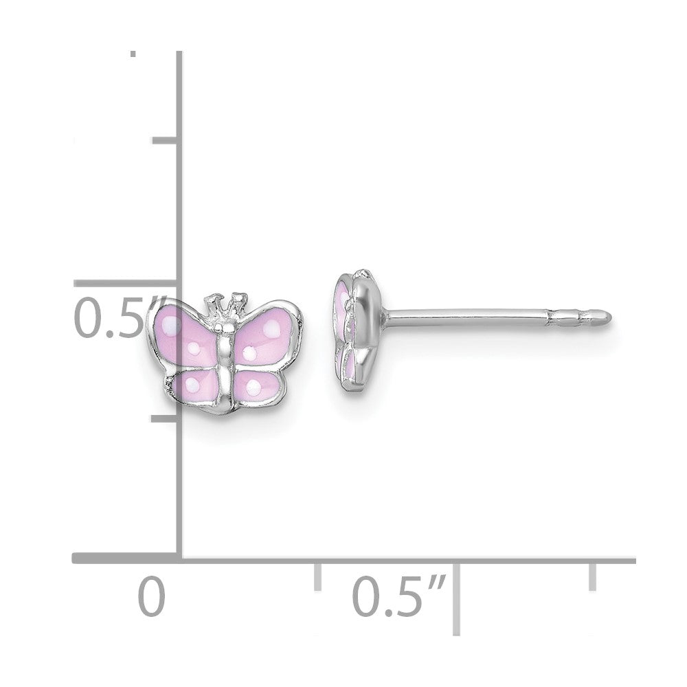 Sterling Silver Madi K Rhodium-plated Enameled Pink Butterfly Childrens Post Earrings