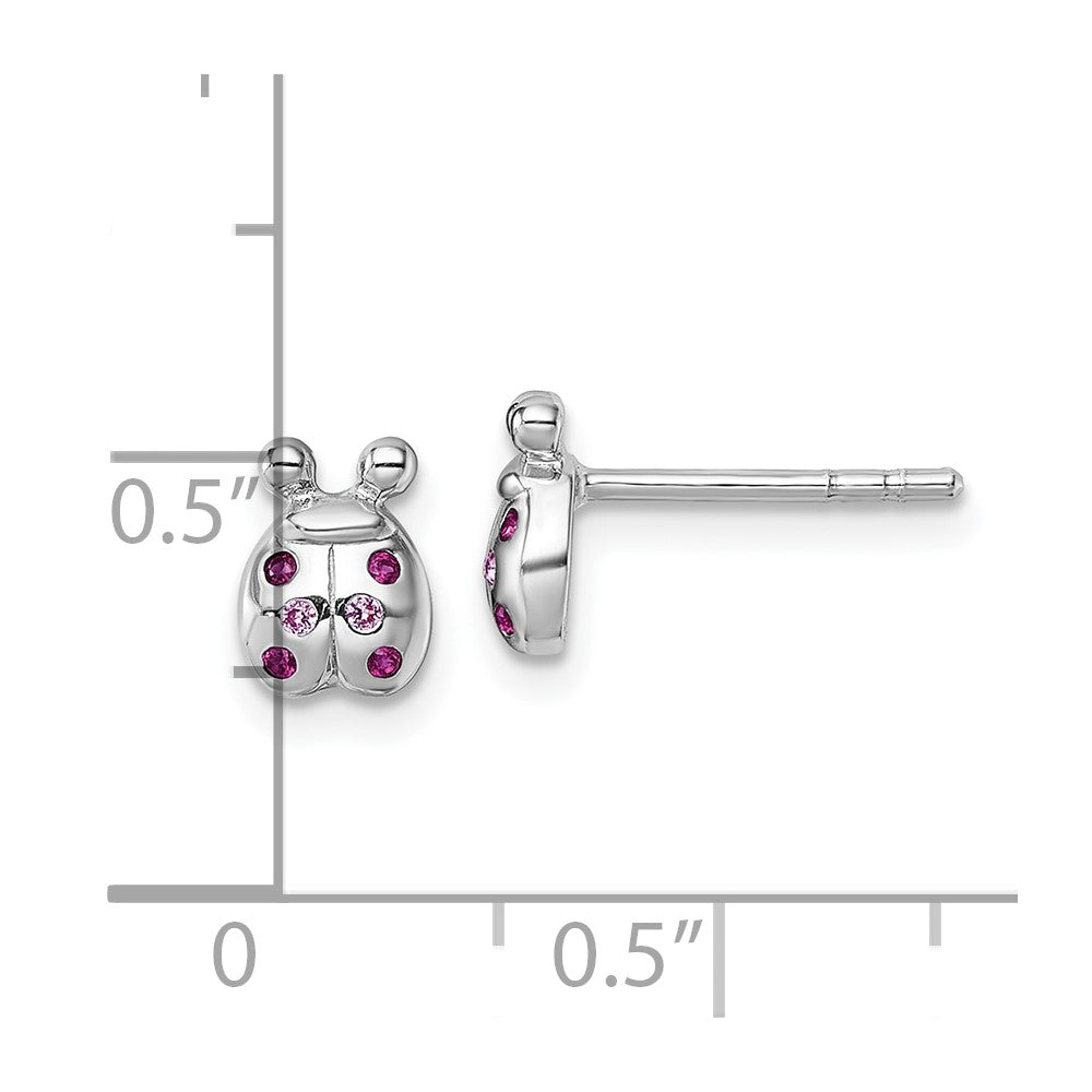 Sterling Silver Rhodium-plated Polished Pink And Red CZ Lady Bug Post Earrings