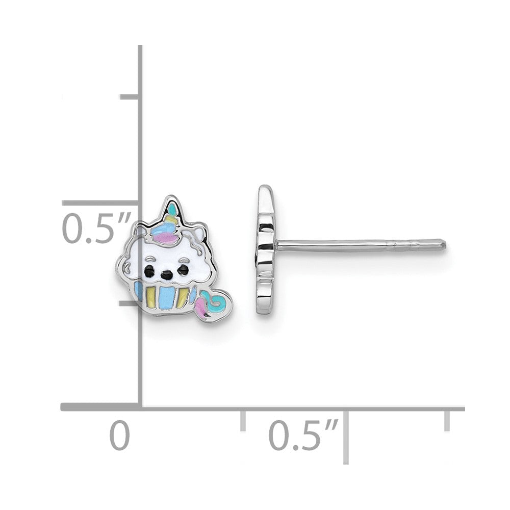 Sterling Silver Rhodium-plated Polished White and Rainbow Enamel Unicorn Cupcake Childrens Post Earrings