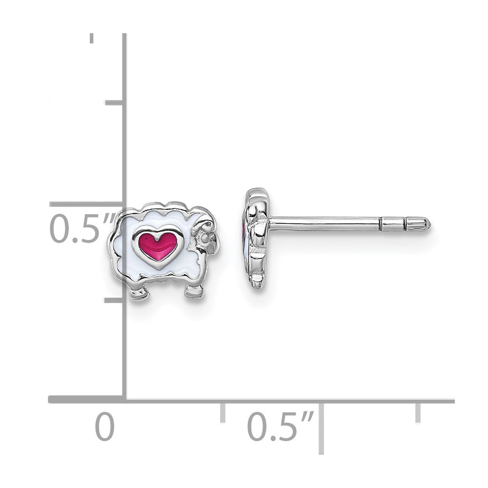 Sterling Silver Rhodium-plated Children's White and Pink Enamel Sheep with Heart Post Earrings
