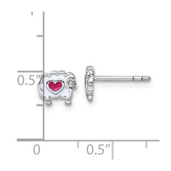 Sterling Silver Rhodium-plated Children's White and Pink Enamel Sheep with Heart Post Earrings