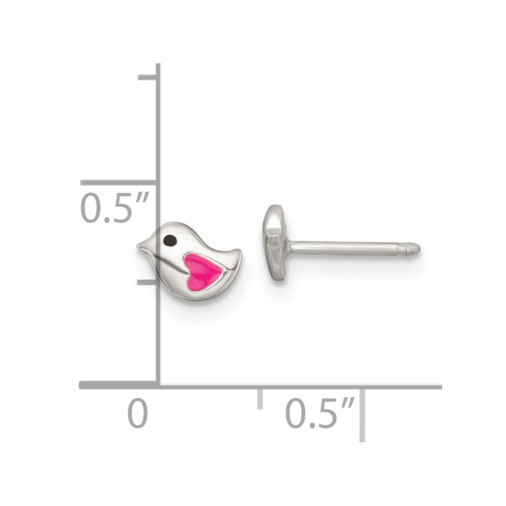 Sterling Silver Polished Pink and Black Enameled Heart Bird Childrens Post Earrings