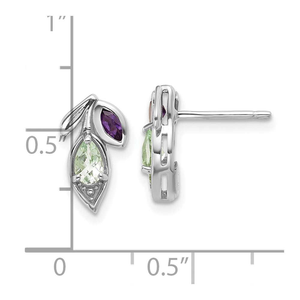 Sterling Silver Rhodium-plated Polished Amethyst and Green Quartz Leaf Post Earrings