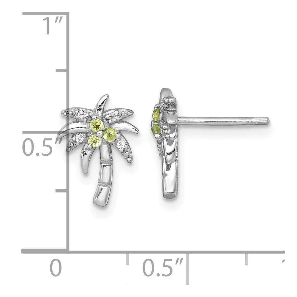Sterling Silver Rhodium-plated Polished and Grooved Peridot and White Topaz Palm Tree Post Earrings