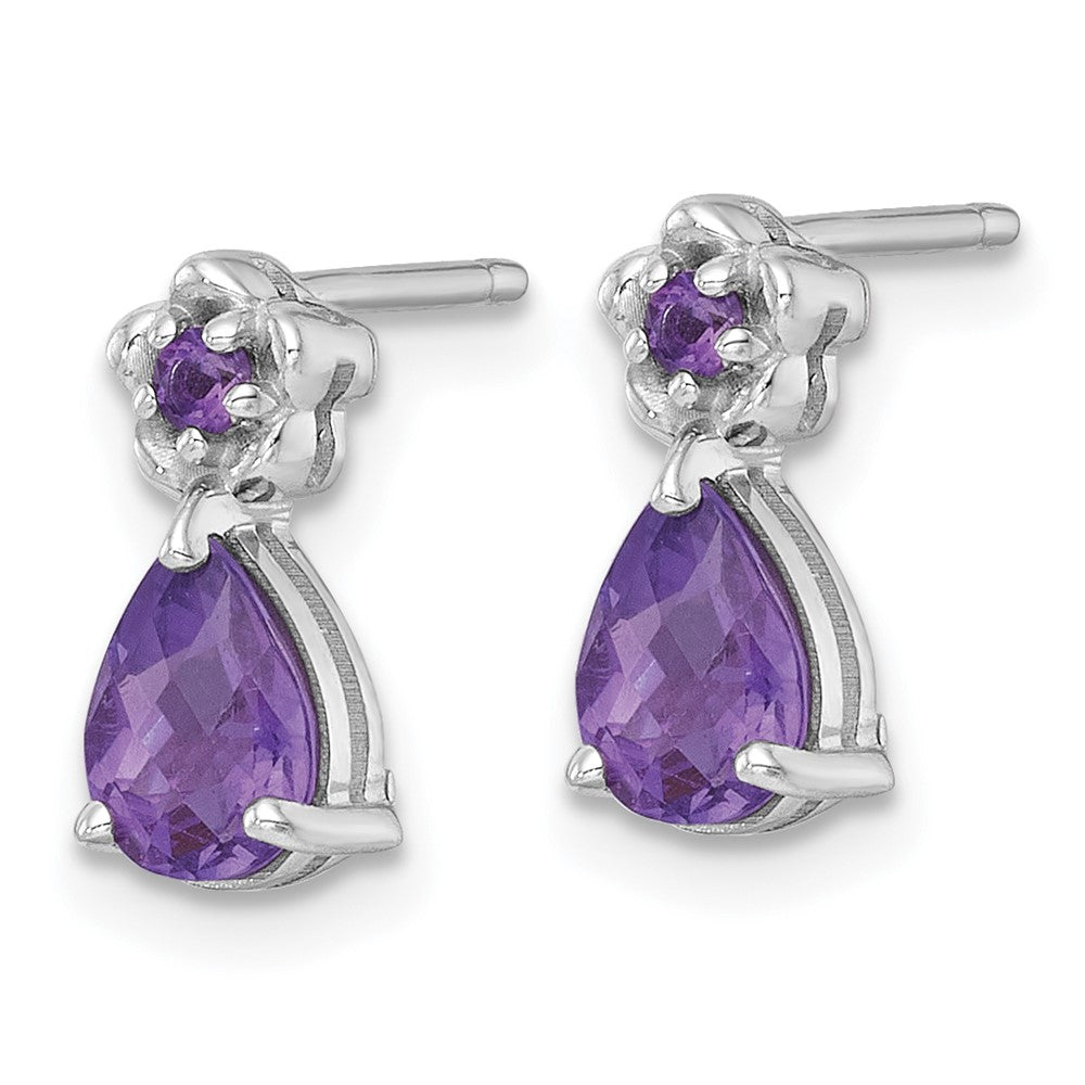 Sterling Silver Rhodium-plated Polished Amethyst Teardrop and Flower Post Earrings