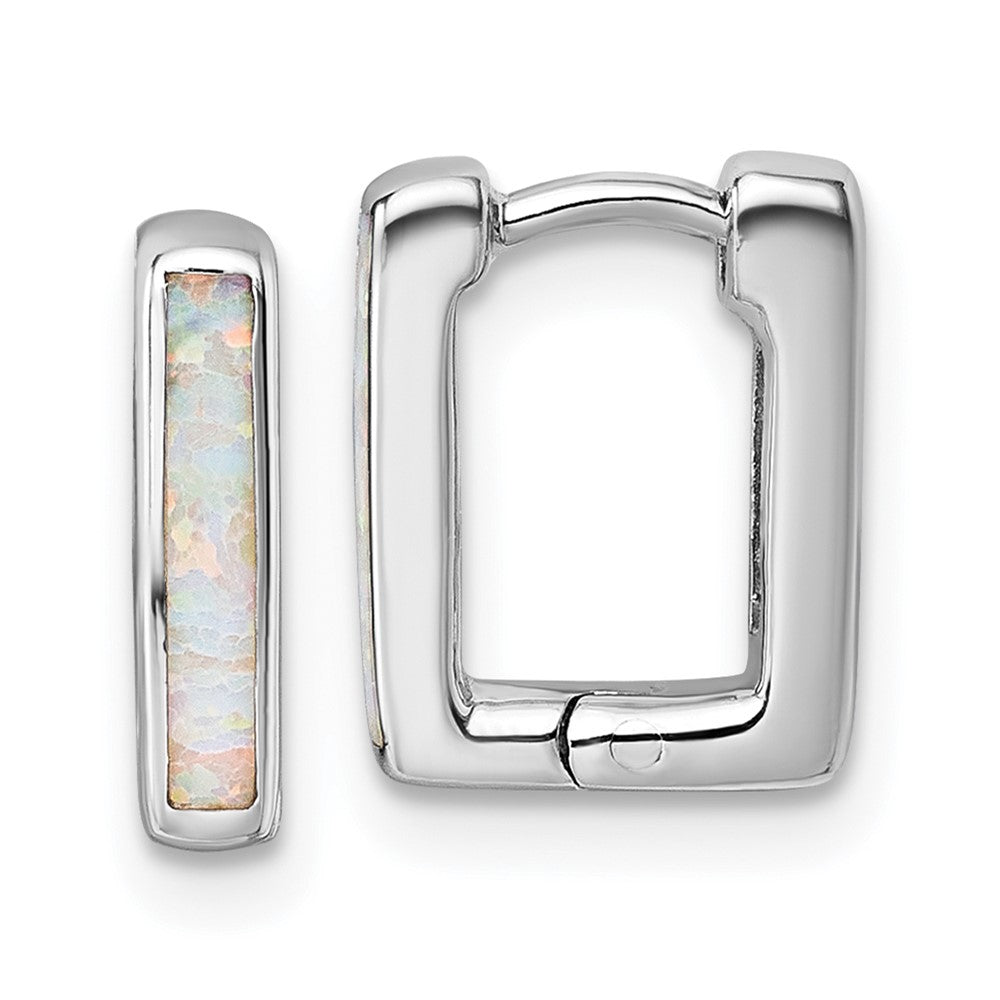 Sterling Silver Rhodium-plated Polished Lab Created Opal Square Hinged Hoop Earrings