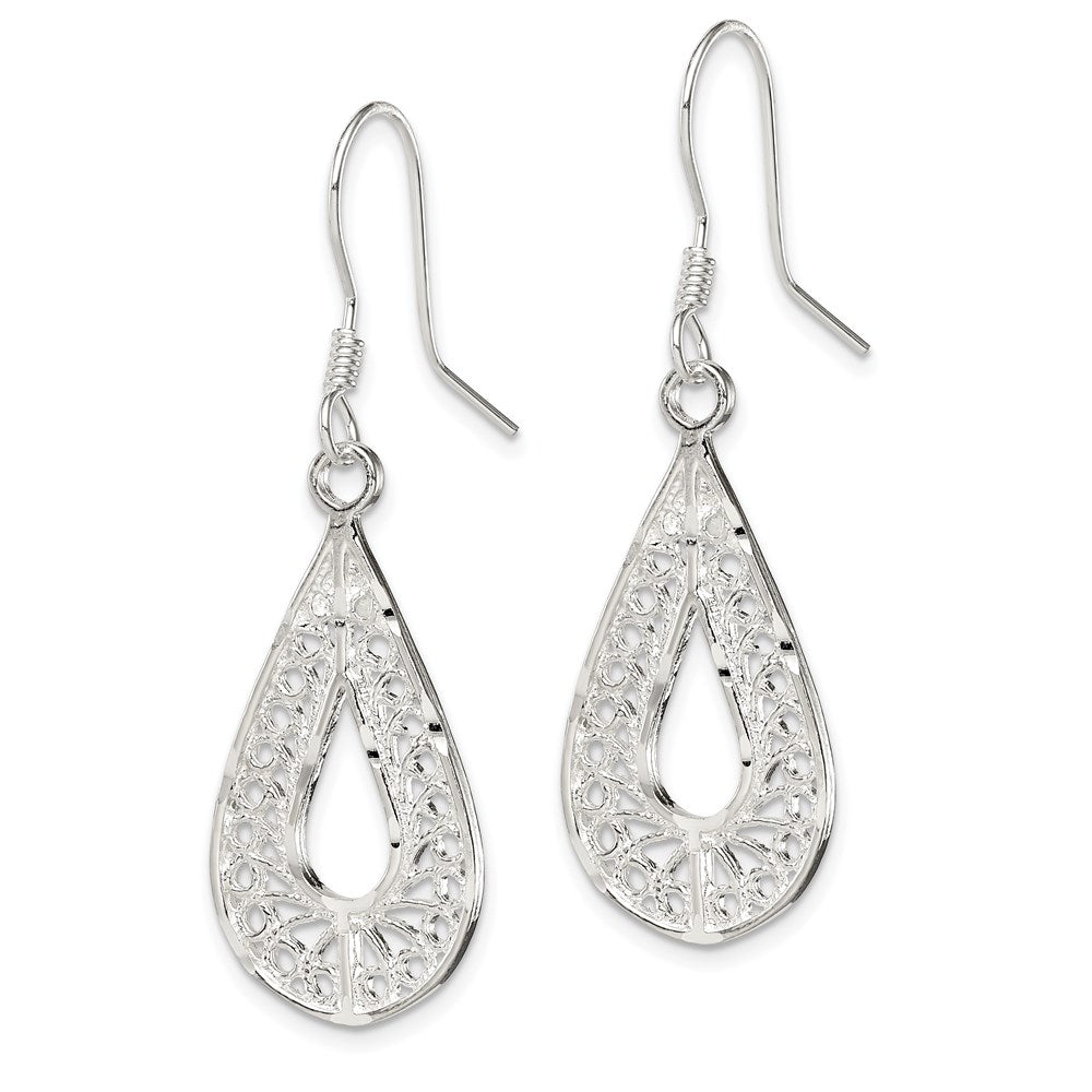 Sterling Silver Polished Textured D/C Filigree Teardrop Dangle Earrings - 2
