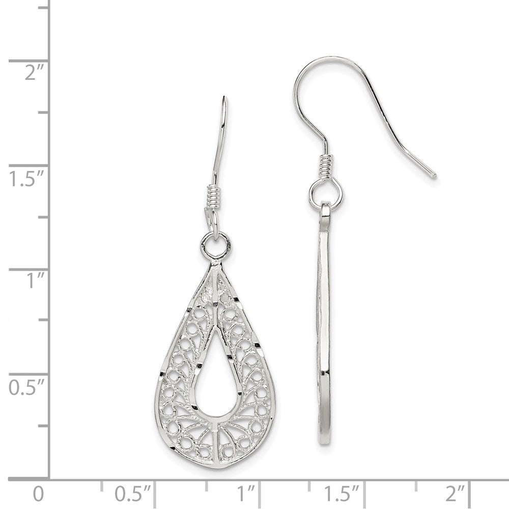 Sterling Silver Polished Textured D/C Filigree Teardrop Dangle Earrings - 2