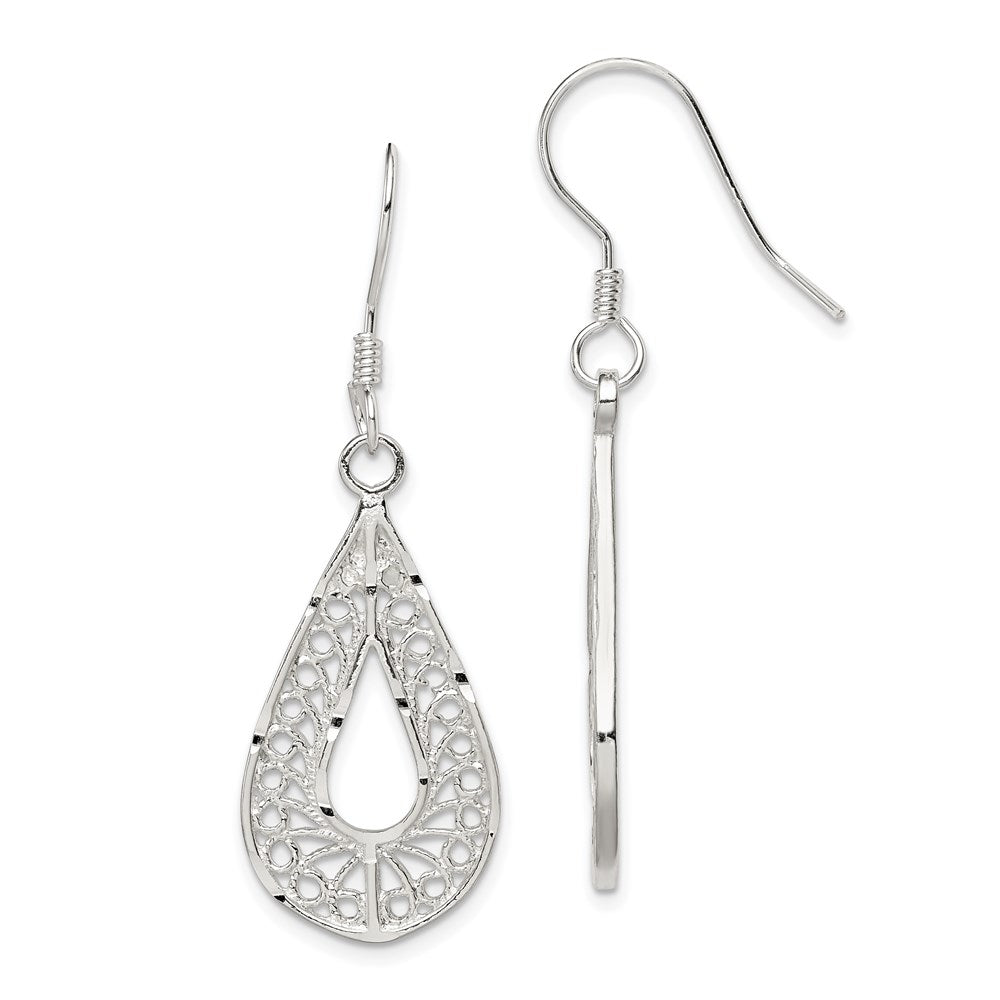 Sterling Silver Polished Textured D/C Filigree Teardrop Dangle Earrings - 2