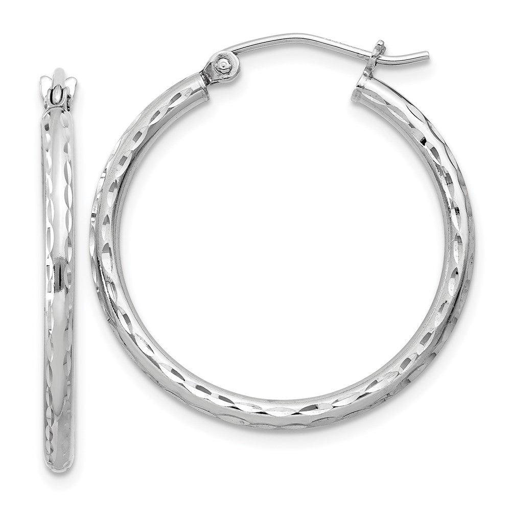Sterling Silver Rhodium-plated 2mm Diamond Cut Hoop Earrings - 3