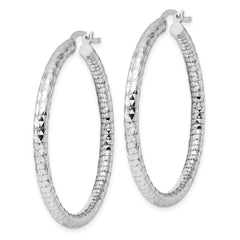 Sterling Silver Rhodium-plated 3.00mm Diamond-cut Hoop Earrings - 6