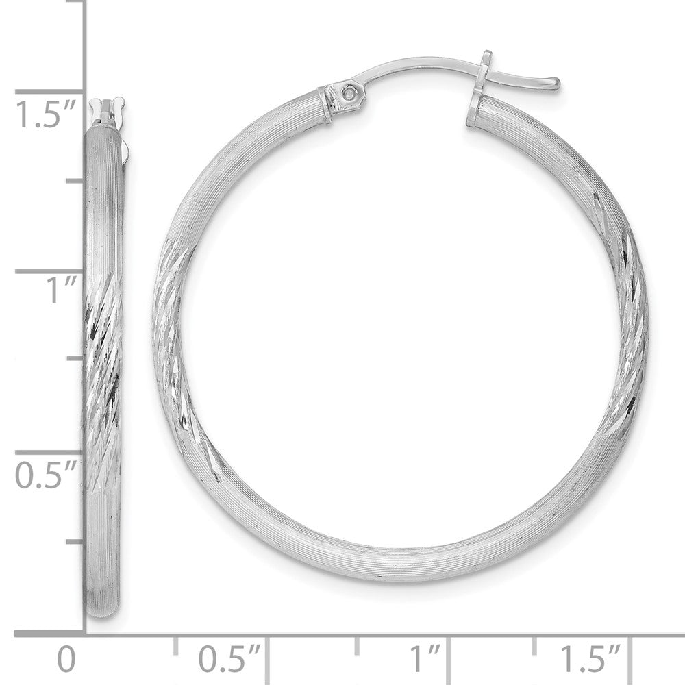 Sterling Silver Rhod-plated 2.5mm Polished/Satin Diamond-cut Hoop Earrings - 3