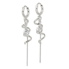 Sterling Silver Polished CZ Spiral & Chain Dangle Hinged Hoop Earrings