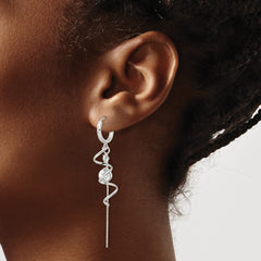 Sterling Silver Polished CZ Spiral & Chain Dangle Hinged Hoop Earrings
