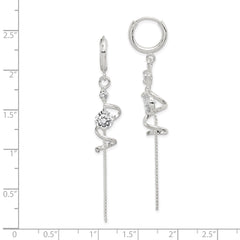 Sterling Silver Polished CZ Spiral & Chain Dangle Hinged Hoop Earrings