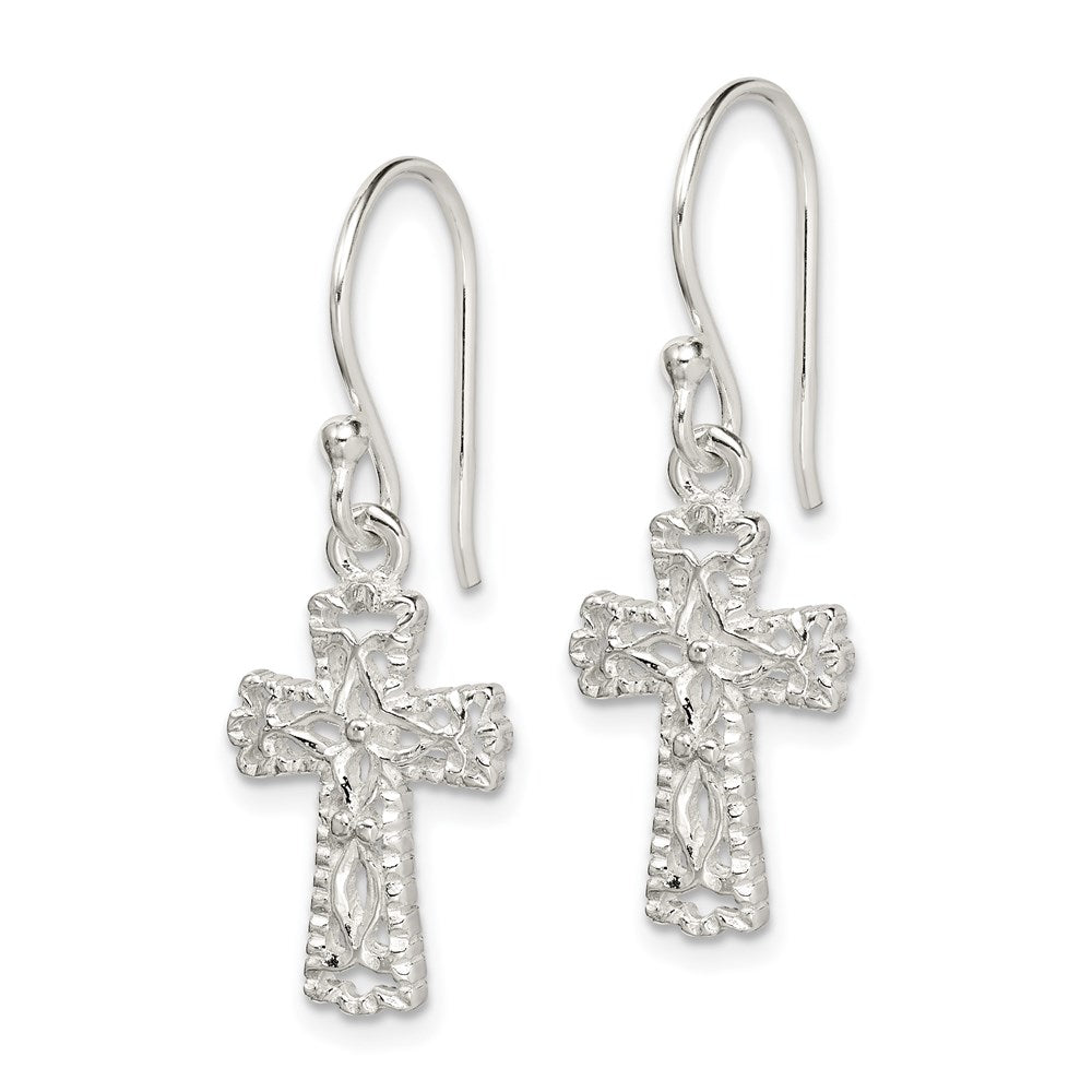 Sterling Silver Polished & Textured Cross Dangle Earrings - 2