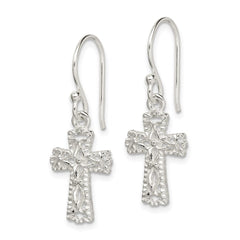 Sterling Silver Polished & Textured Cross Dangle Earrings - 2