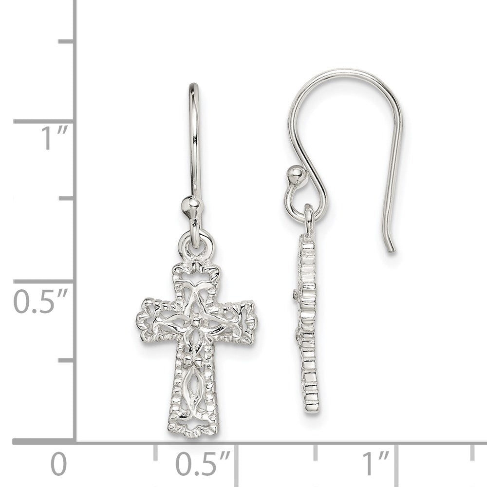 Sterling Silver Polished & Textured Cross Dangle Earrings - 2