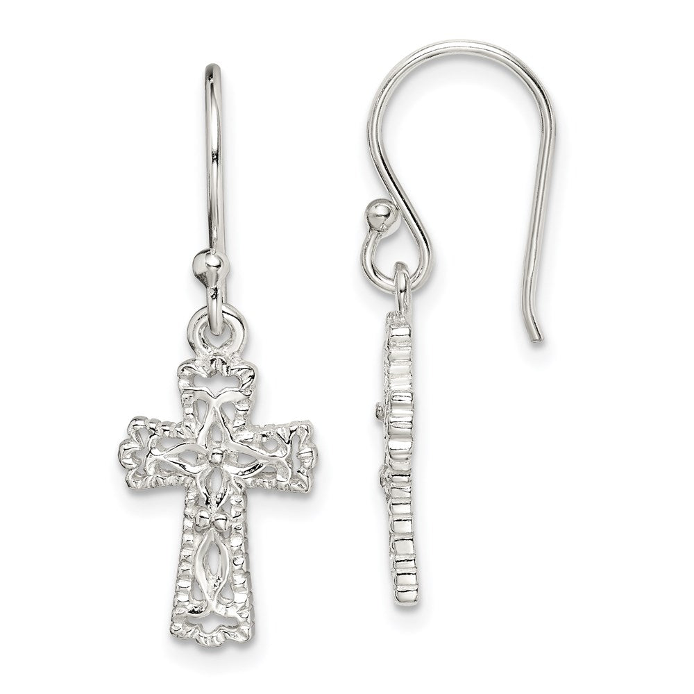 Sterling Silver Polished & Textured Cross Dangle Earrings - 2