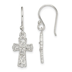 Sterling Silver Polished & Textured Cross Dangle Earrings - 2
