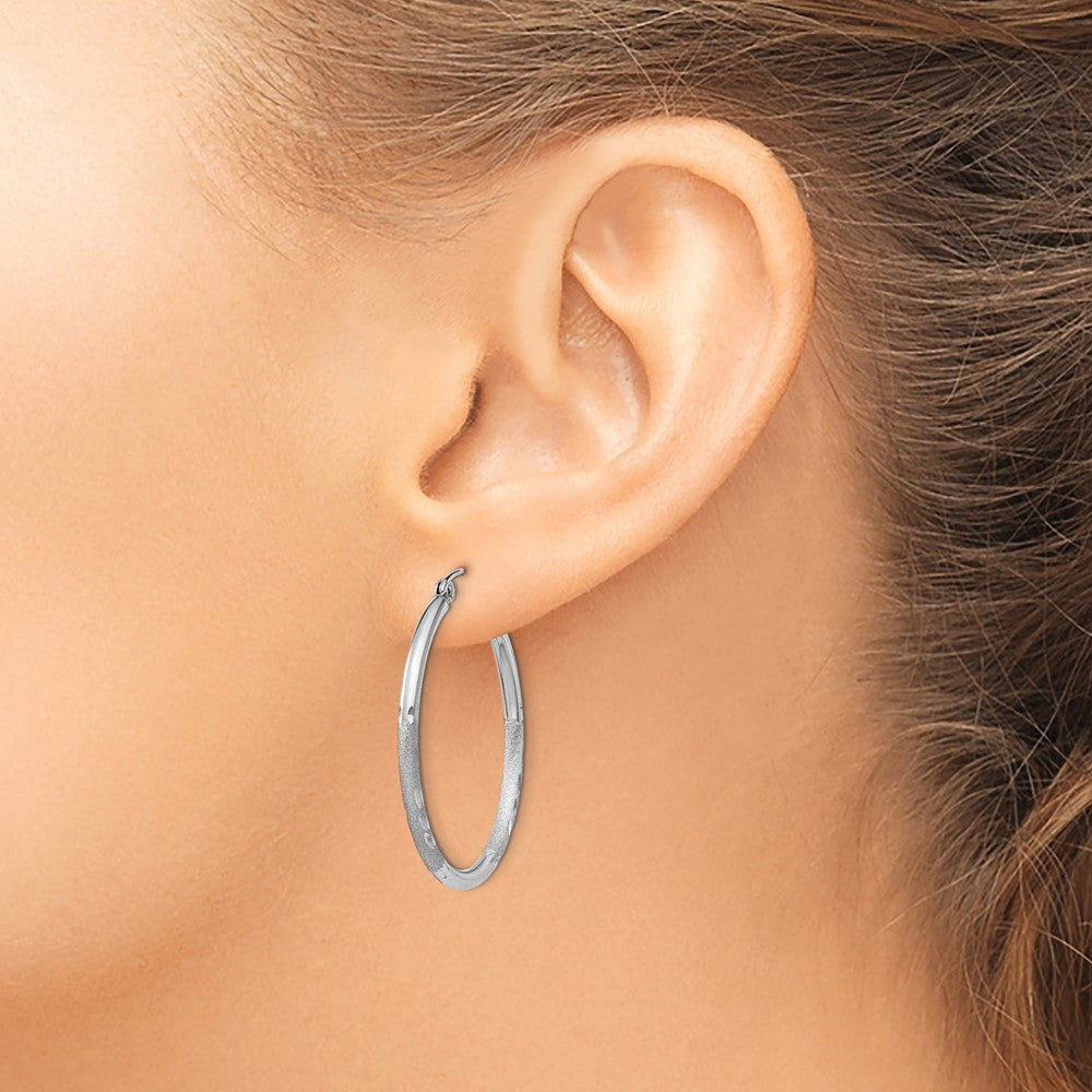 Sterling Silver Rhodium-plated 2mm Polished/Satin Diamond-cut Hoop Earrings - 6