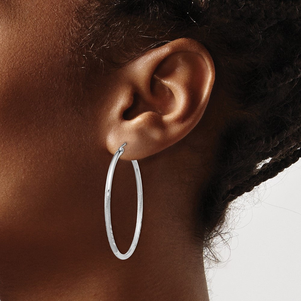 Sterling Silver Rhodium-plated 2mm Polished/Satin Diamond-cut Hoop Earrings - 12