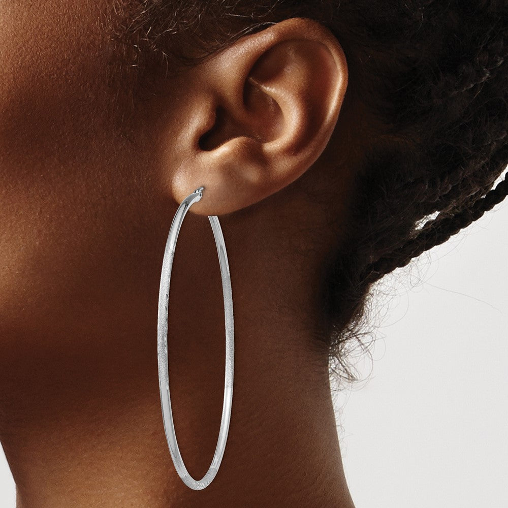 Sterling Silver Rhodium-plated 2mm Polished/Satin Diamond-cut Hoop Earrings - 9