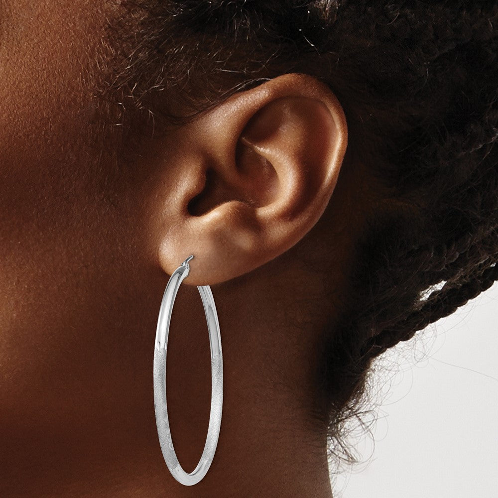 Sterling Silver Rhod-plated 2.5mm Polished/Satin Diamond-cut Hoop Earrings - 9