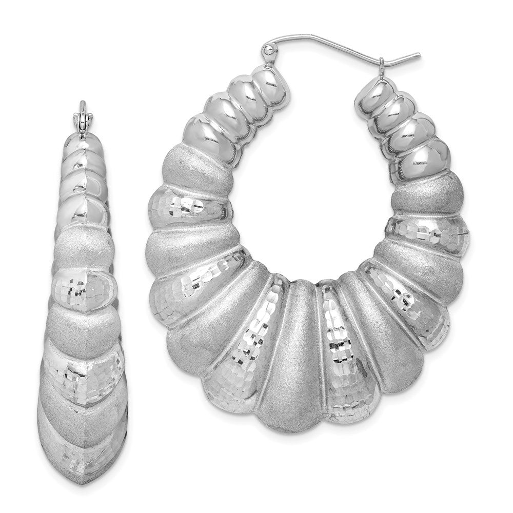 Sterling Silver Rhodium-plated Satin & D/C Shrimp Oval Hoop Earrings - 2