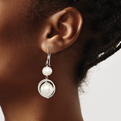 Sterling Silver Polished & Textured White 8-9mm Freshwater Cultured Pearl & 11-12mm Shell Pearl Dangle Earrings