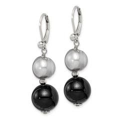 Sterling Silver Polished 12mm Black Agate & 10mm Grey Freshwater Cultured Pearl Leverback Dangle Earrings