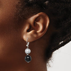 Sterling Silver Polished 12mm Black Agate & 10mm Grey Freshwater Cultured Pearl Leverback Dangle Earrings