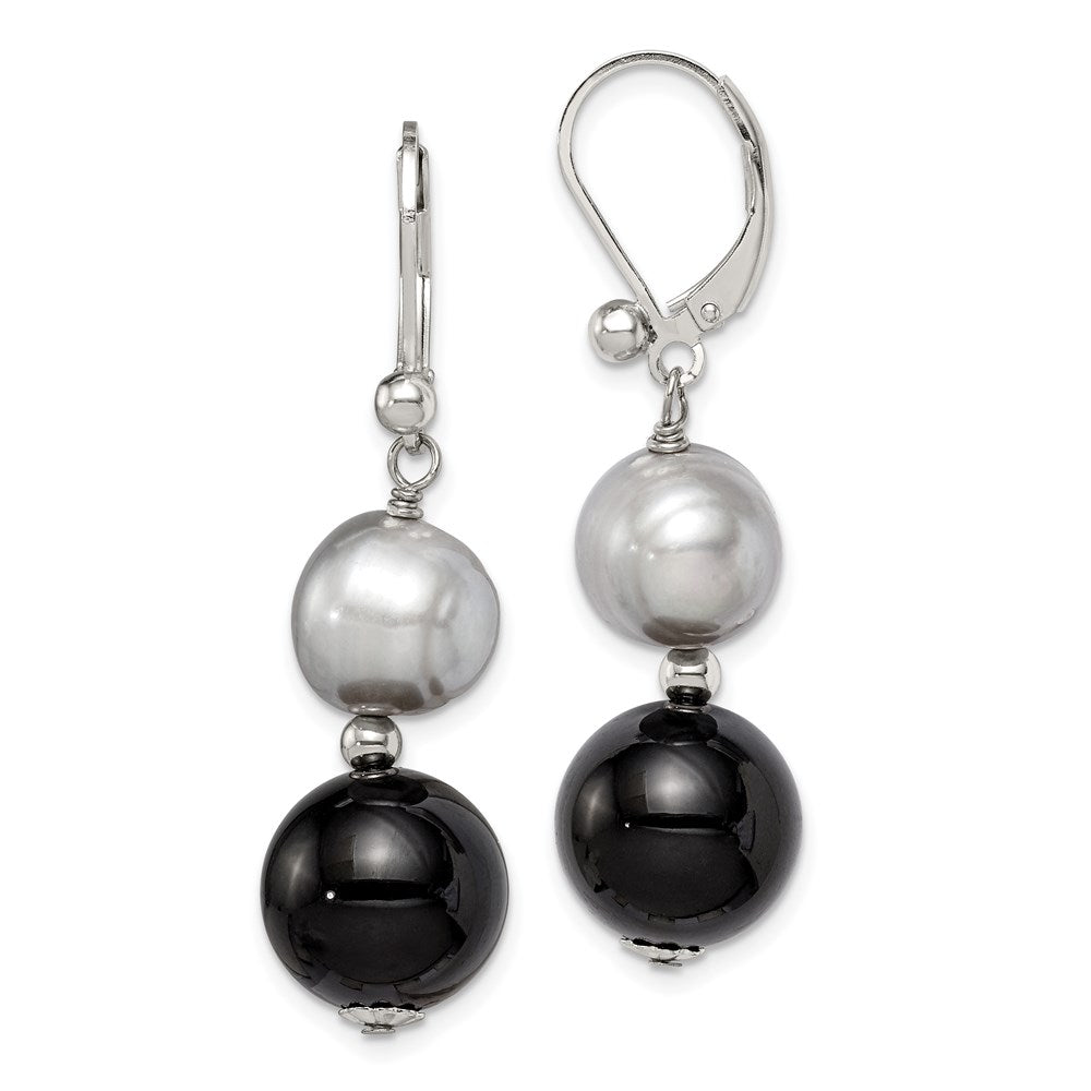 Sterling Silver Polished 12mm Black Agate & 10mm Grey Freshwater Cultured Pearl Leverback Dangle Earrings