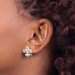 Sterling Silver Rhodium-plated with Gold Tone Vermeil CZ Fleur de Lis Omega Back Earrings