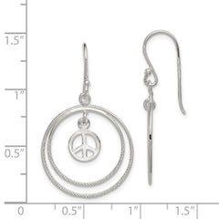 Sterling Silver Rhodium-plated Circles w/Peace Symbol Dangle Earrings