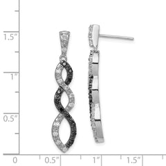 Sterling Silver Rhod-plated Black & White CZ Twist Post Dangle Earrings