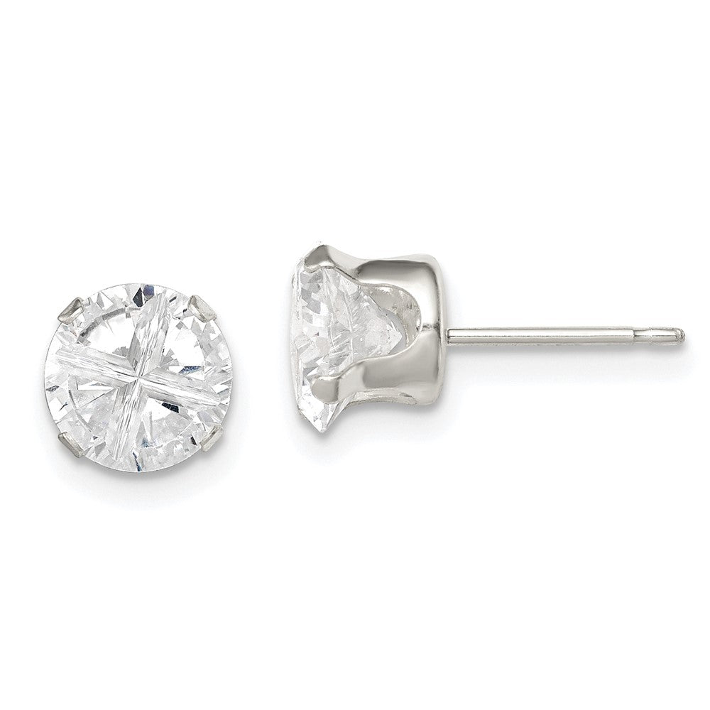 Sterling Silver 7mm Round Snap Set Cross-cut CZ Stud Earrings