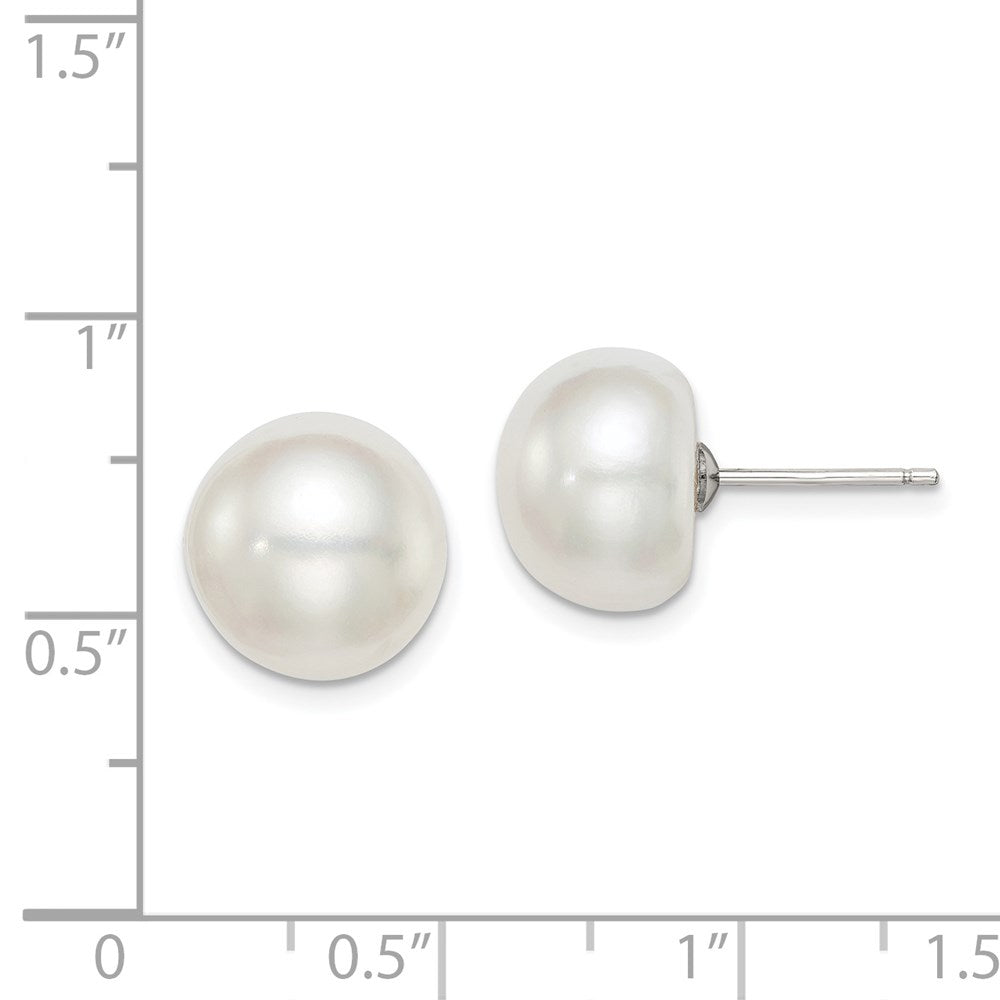 Sterling Silver Rhodium-plated 11-12mm White Button Freshwater Cultured Pearl Post Earrings