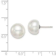 Sterling Silver Rhodium-plated 11-12mm White Button Freshwater Cultured Pearl Post Earrings