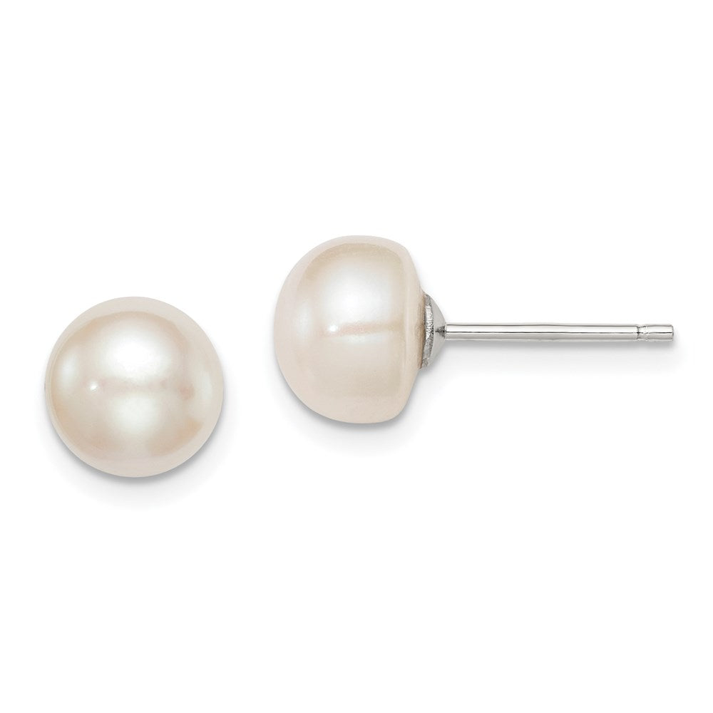 Sterling Silver Rhodium-plated 8-9mm White Button Freshwater Cultured Pearl Post Earrings - 2