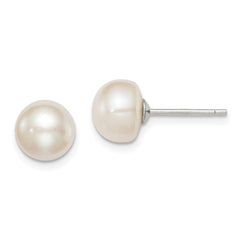 Sterling Silver Rhodium-plated 8-9mm White Button Freshwater Cultured Pearl Post Earrings - 2