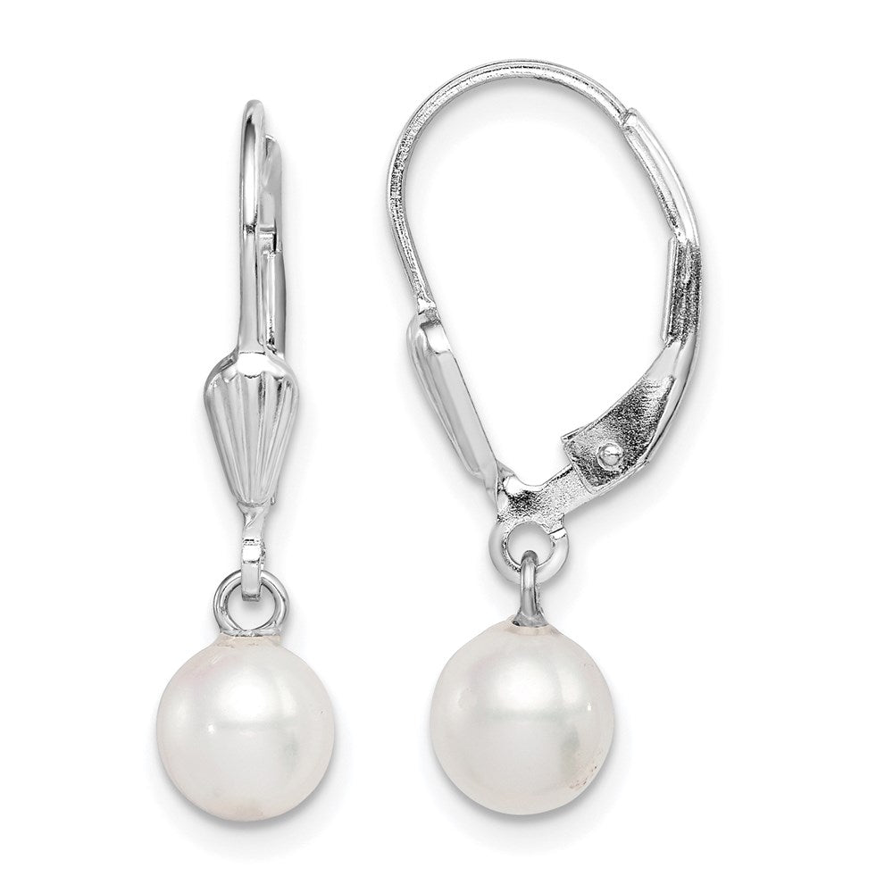 Sterling Silver Rhodium-plated 6-7mm White Round Freshwater Cultured Pearl Leverback Dangle Earrings - 4
