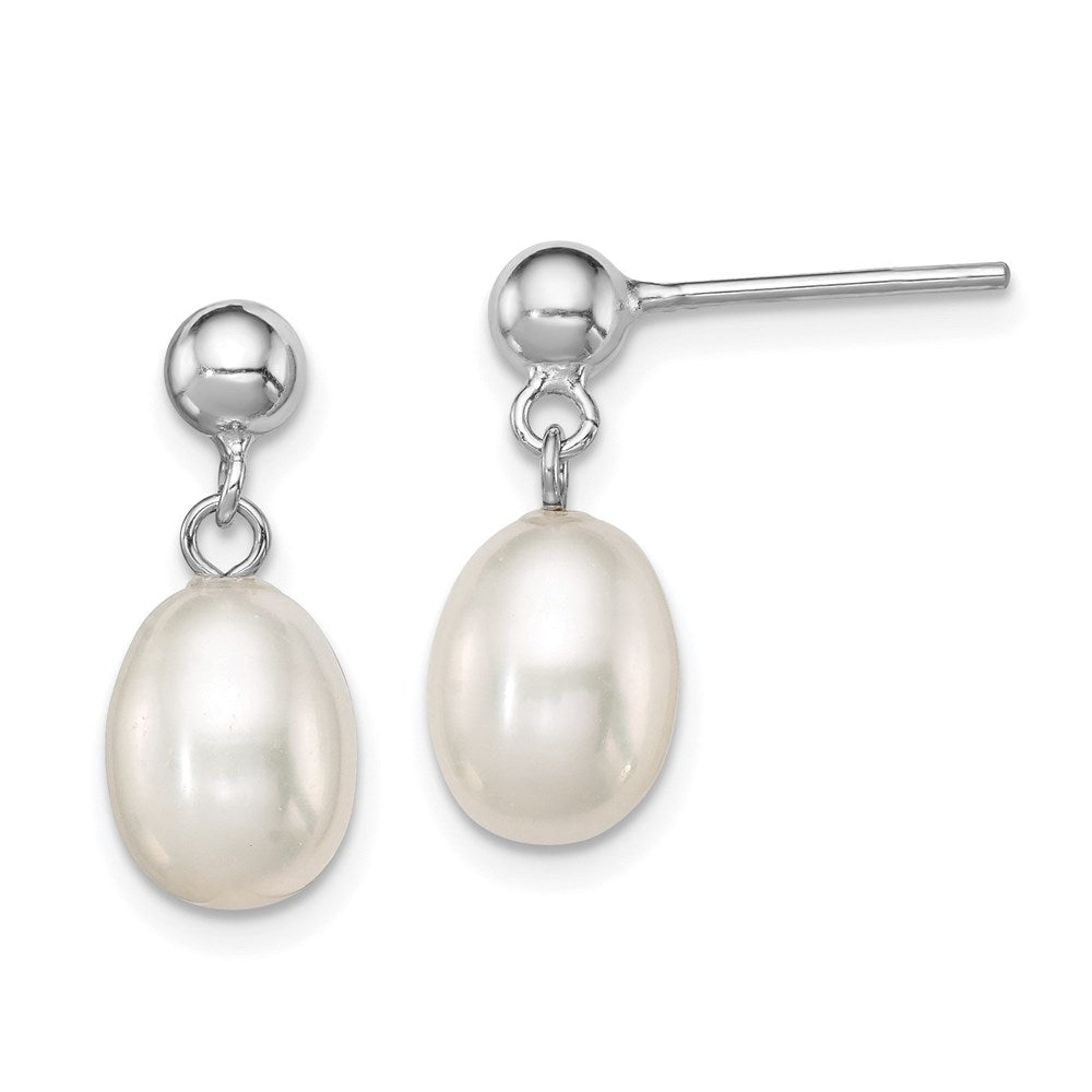 Sterling Silver Rhodium-plated 7-8mm White Rice Freshwater Cultured Pearl Post Dangle Earrings - 2