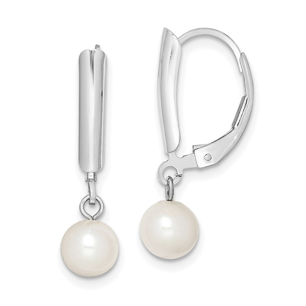 Sterling Silver Rhodium-plated 6-7mm White Round Freshwater Cultured Pearl Leverback Dangle Earrings - 5