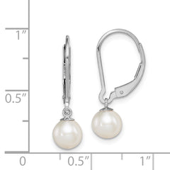 Sterling Silver Rhodium-plated 6-7mm White Round Freshwater Cultured Pearl Leverback Dangle Earrings